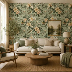 Sage blossom botanical wallpaper with bird in flight, removable living room wall art