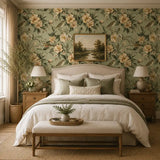 Green botanical garden wallpaper full room installation, natural light setting