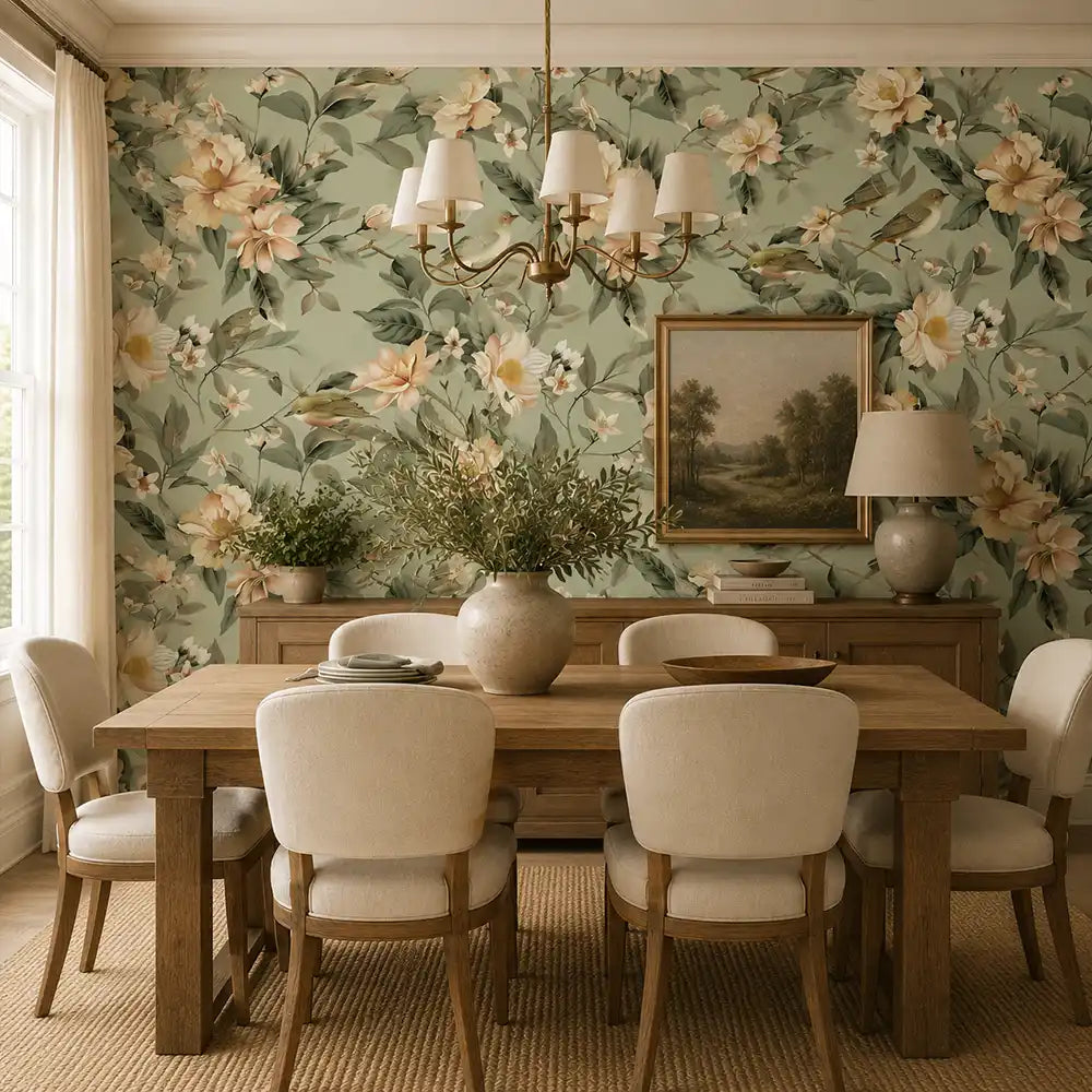 Peel-and-stick botanical wallpaper in muted green, installed on bedroom headboard wall