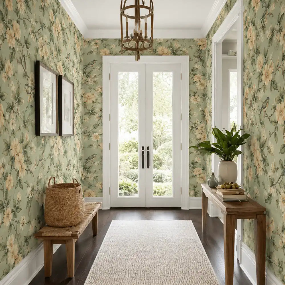 Sage blossom bird wallpaper secondary view showing full repeat pattern in soft green