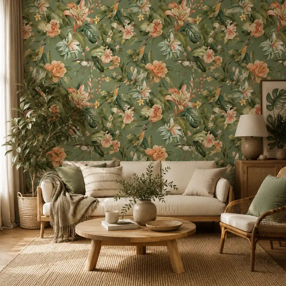 Garden bird removable wallpaper sample showing bird and flower motif scale reference