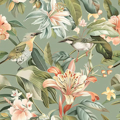 Sage garden bird wallpaper alternate view showing full botanical garden repeat pattern
