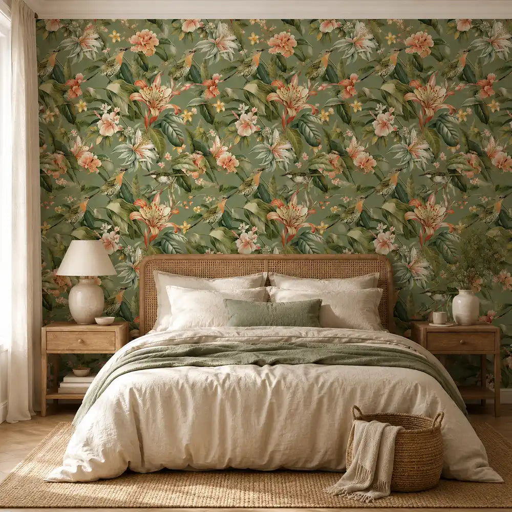 Botanical bird wallpaper in living room, sage green garden pattern feature wall view