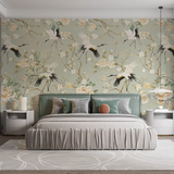 Sage green chinoiserie crane wallpaper sticker for home wall adds refined elegance.