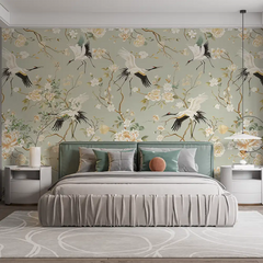 Sage green chinoiserie crane wallpaper sticker for home wall adds refined elegance.