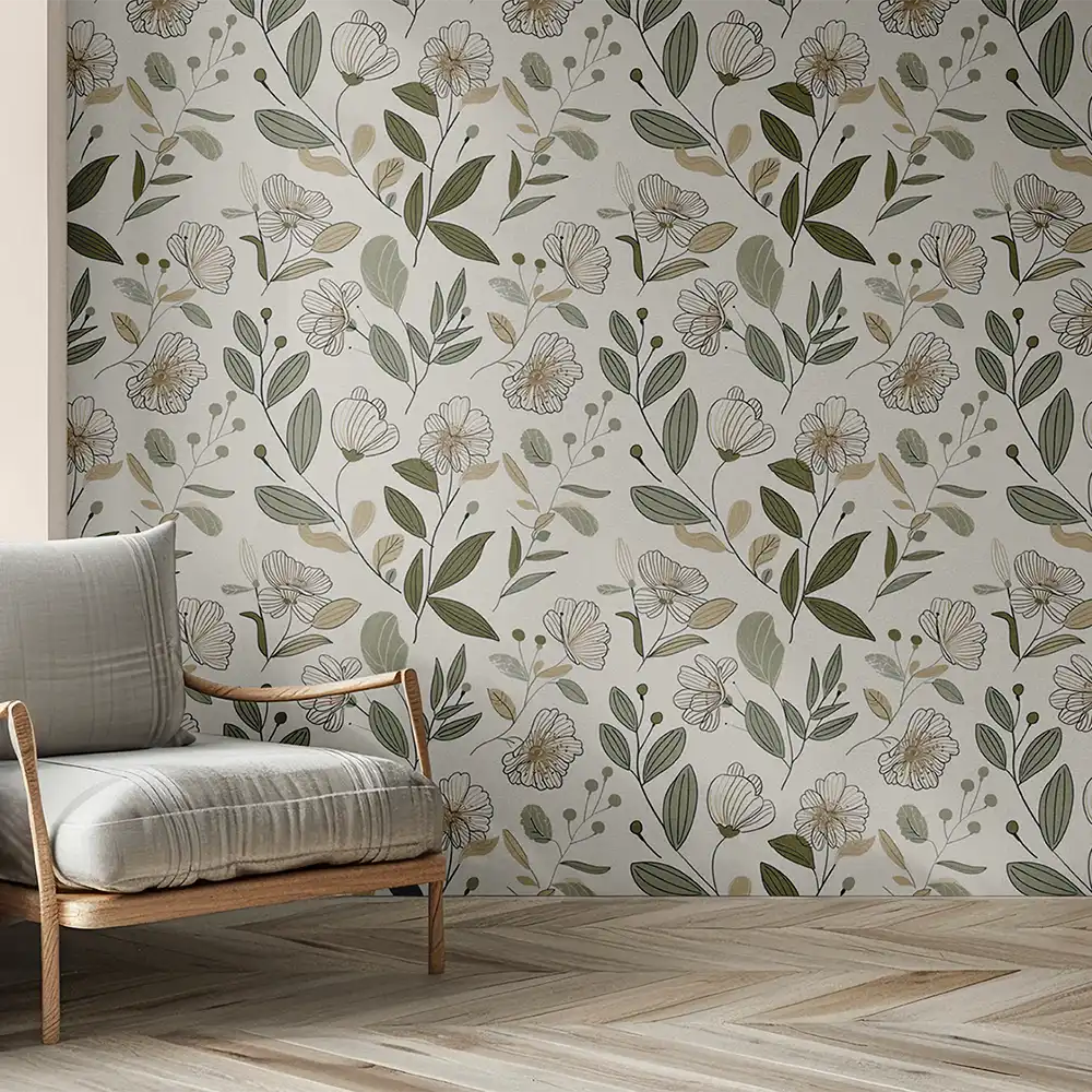 Elegant Sage Green Floral Wallpaper to enhance your bedroom.