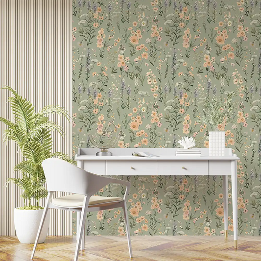 Bring nature indoors with Sage Green Wildflower Wallpaper for the bedroom.