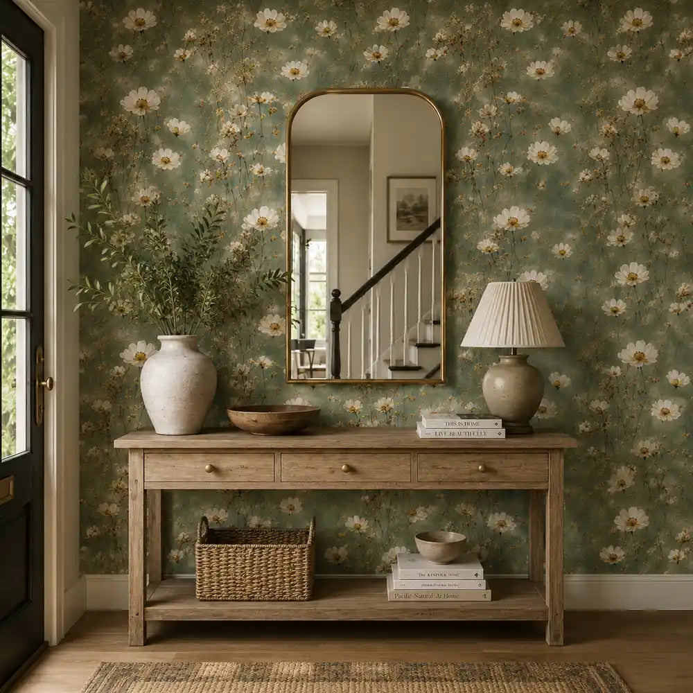 Close up texture of sage meadow cosmos wallpaper with a matte painted finish.