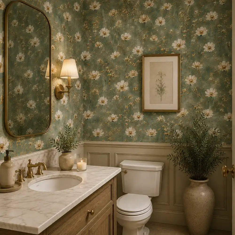 Muted green and cream color palette of sage meadow cosmos wallpaper.