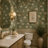 Muted green and cream color palette of sage meadow cosmos wallpaper.