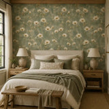 Full panel repeat of sage meadow cosmos wallpaper for tall feature walls.