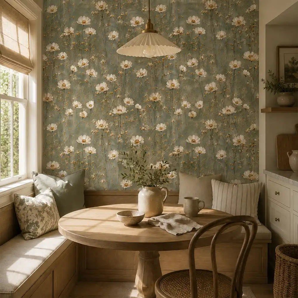 Pattern detail of sage meadow cosmos wallpaper with slender stems and blooms.