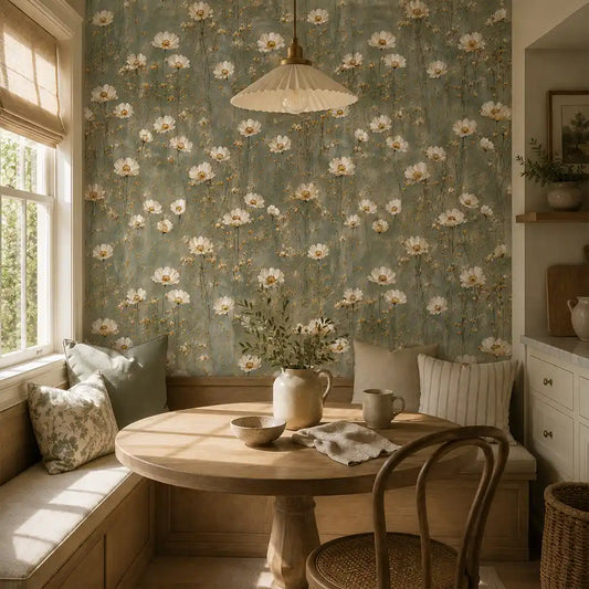 Pattern detail of sage meadow cosmos wallpaper with slender stems and blooms.