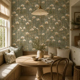 Pattern detail of sage meadow cosmos wallpaper with slender stems and blooms.