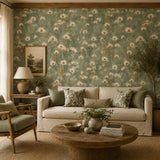 Roll sample of sage meadow cosmos wallpaper showing width and seam alignment.