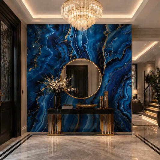 Sapphire agate mural full bedroom view, deep blue stone with gold mineral veining
