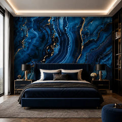 Blue agate wall mural close-up with sapphire mineral patterns and crystalline detail