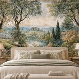 Serene bedroom with a peel and stick pastoral countryside landscape wall mural