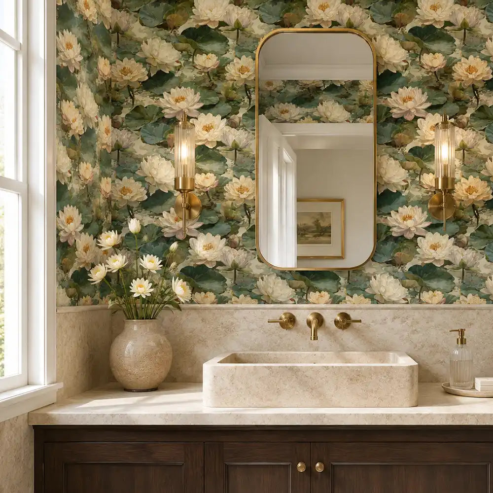 Serene ivory water lily garden wallpaper used on a bedroom feature wall.