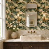Serene ivory water lily garden wallpaper used on a bedroom feature wall.