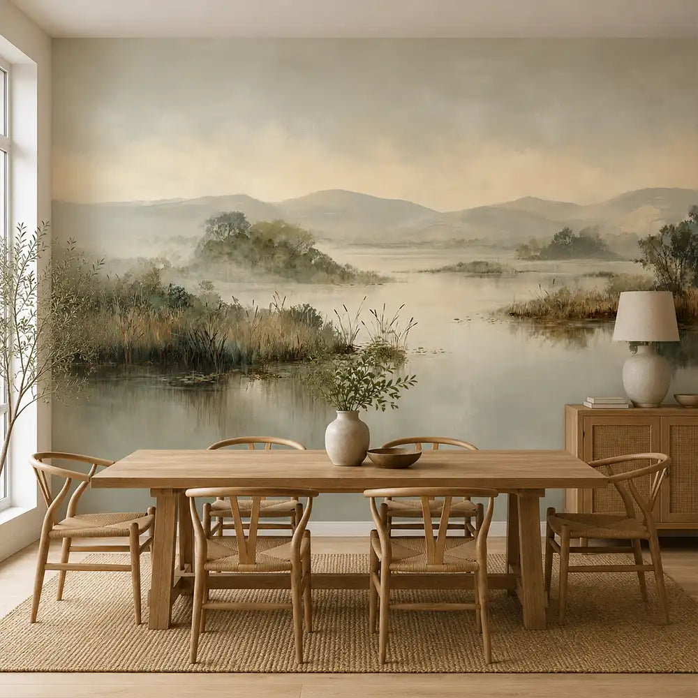 Nature landscape wall mural close-up showing birch trees along lakeside path