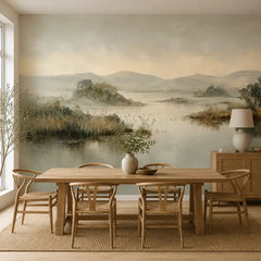 Nature landscape wall mural close-up showing birch trees along lakeside path