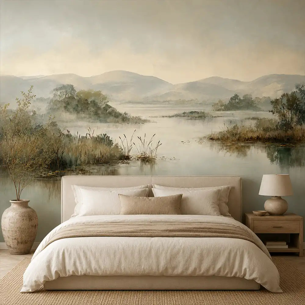 Serene lake mural detail showing misty morning atmosphere and green foliage