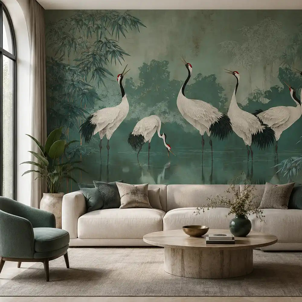 Emerald crane mural wallpaper behind a linen sofa in a serene living room