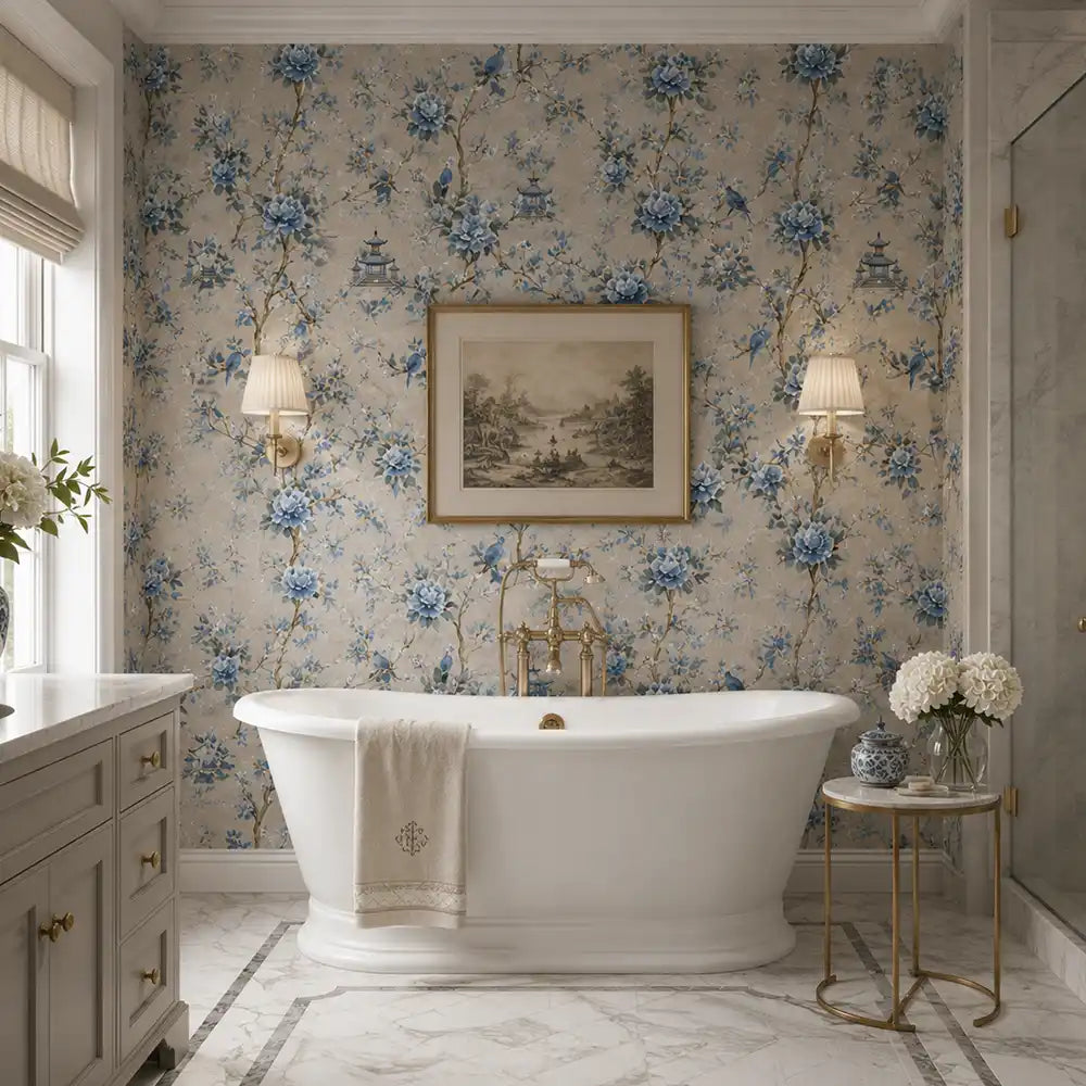 Shop blue chinoiserie garden wallpaper online at Wall Decor Design.