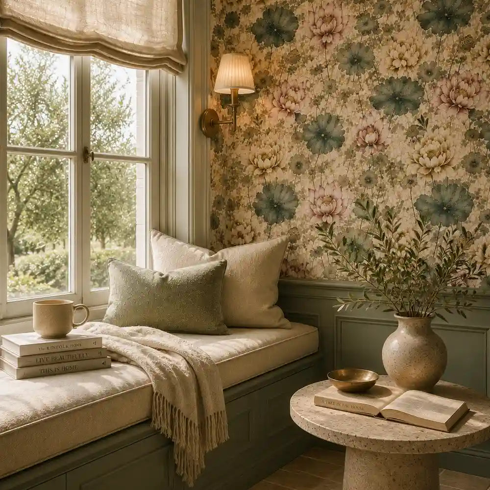 Shop blush water lily garden wallpaper online at Wall Decor Design today.