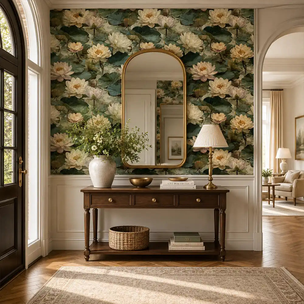 Shop ivory water lily garden wallpaper online from Wall Decor Design.