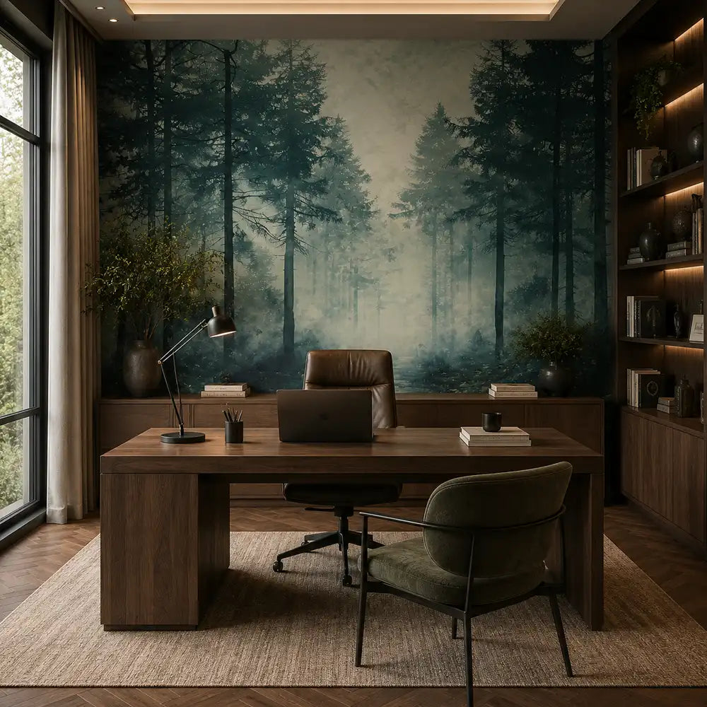 Silent forest mural living room feature wall, sage green misty landscape panorama