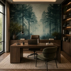 Silent forest mural living room feature wall, sage green misty landscape panorama