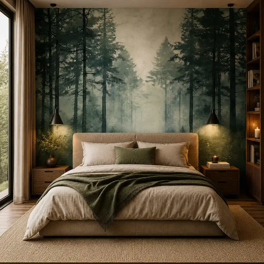 Silent mist forest mural detail showing tree trunks and morning fog in soft sage