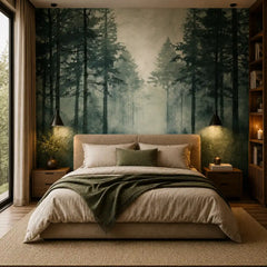 Silent mist forest mural detail showing tree trunks and morning fog in soft sage