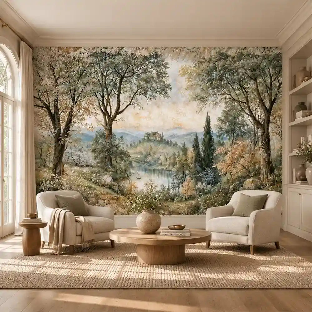 Sitting area with cream armchairs and a tapestry-style botanical landscape mural