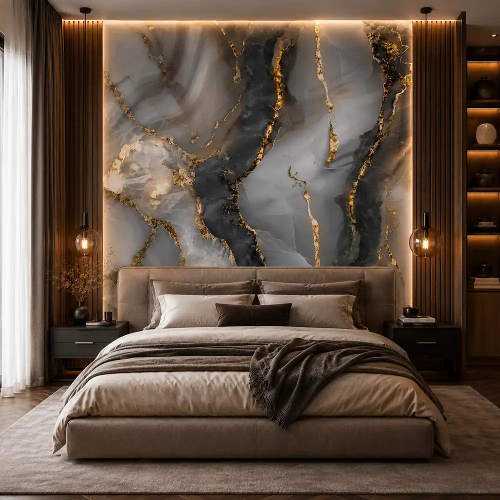 Gray marble peel-and-stick wallpaper full bedroom wall, modern sophisticated look