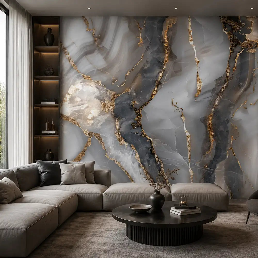 Quartz marble wallpaper sample tile showing smoky gray crystalline texture detail