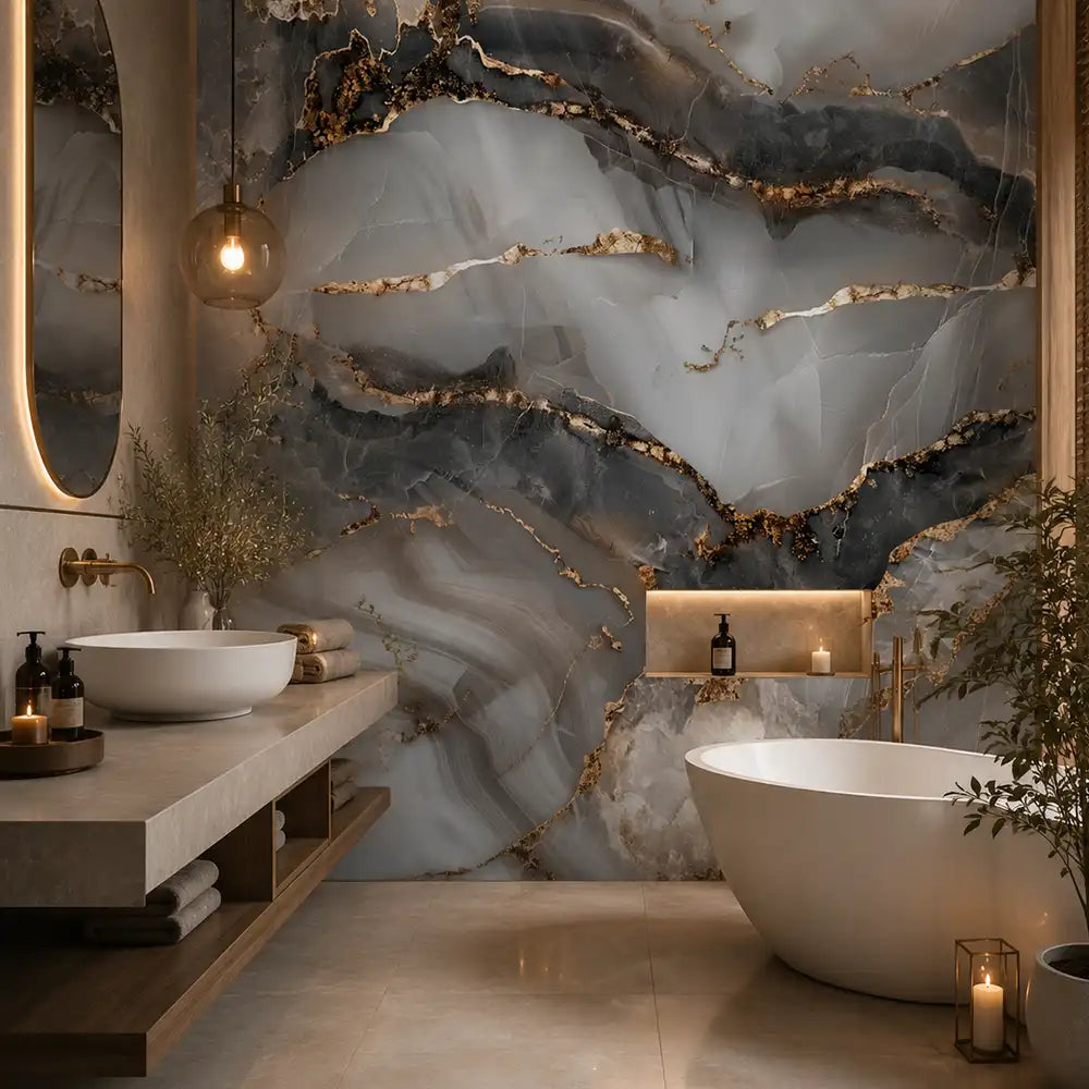 Smoky quartz peel-and-stick wallpaper dining room feature wall, stone luxe interior