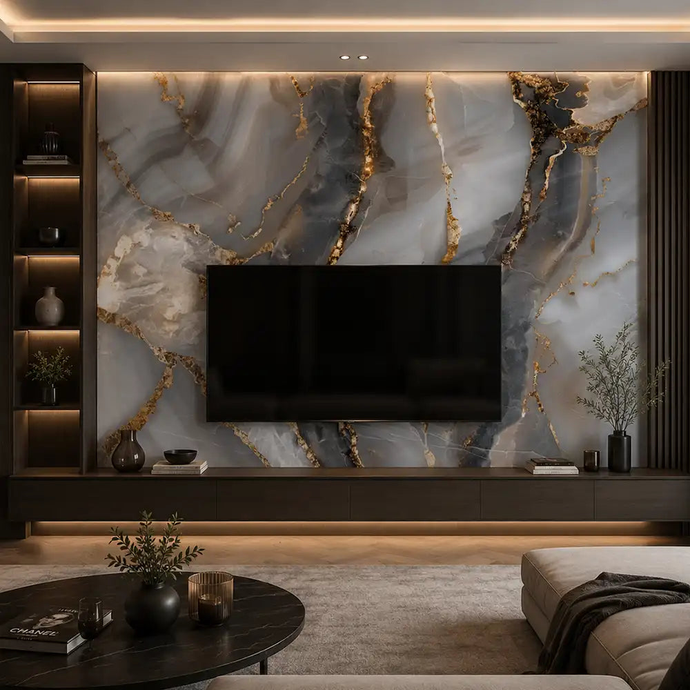 Smoky marble removable wallpaper in living room, cool gray stone feature wall