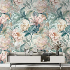 Serene botanical wallpaper full bedroom installation, pale pastel floral accent wall