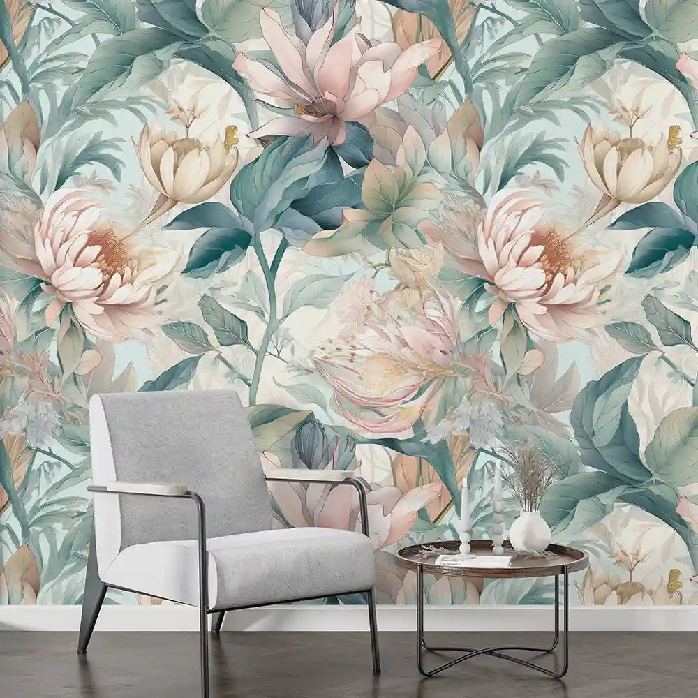 Botanical pastel wallpaper edge detail, smooth canvas texture and clean installation close-up