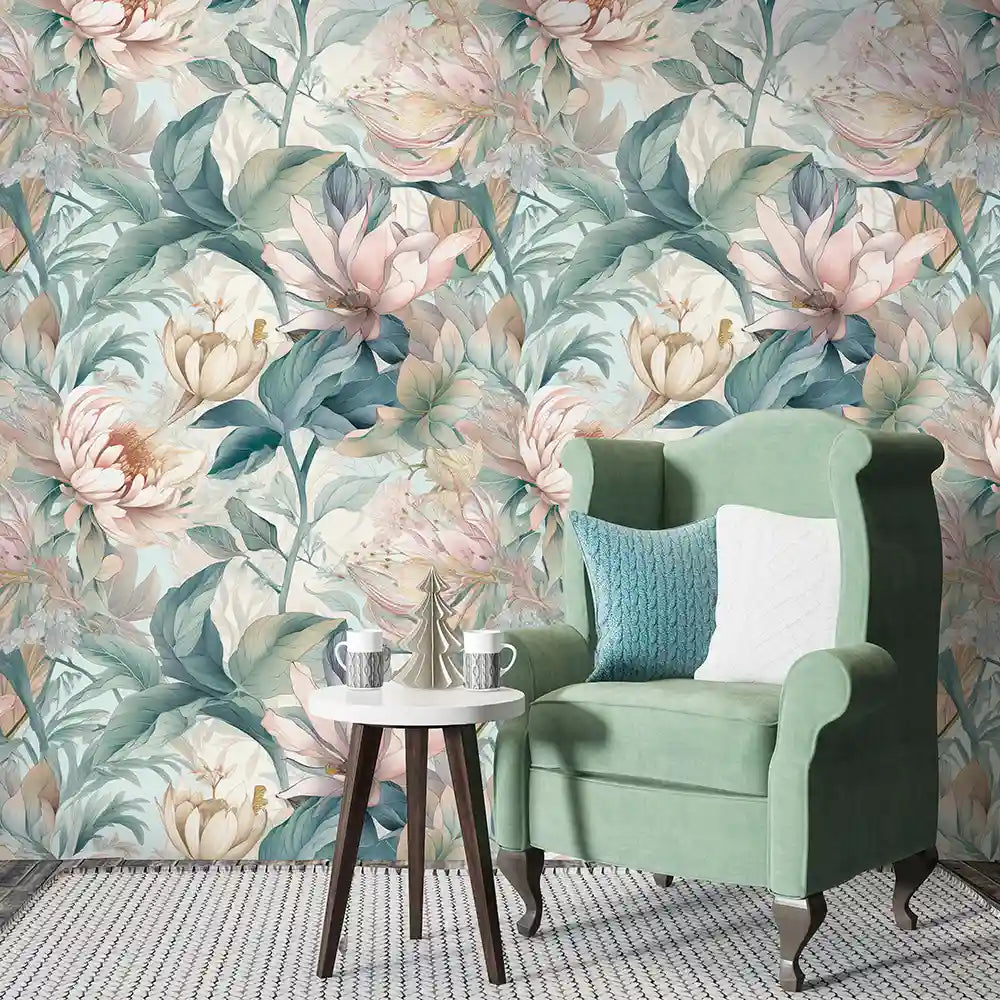 Soft botanical removable wallpaper in living room, calming sage floral feature wall view