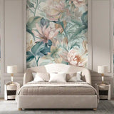 Pastel floral peel-and-stick wallpaper sample tile showing soft garden pattern scale