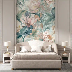 Pastel floral peel-and-stick wallpaper sample tile showing soft garden pattern scale