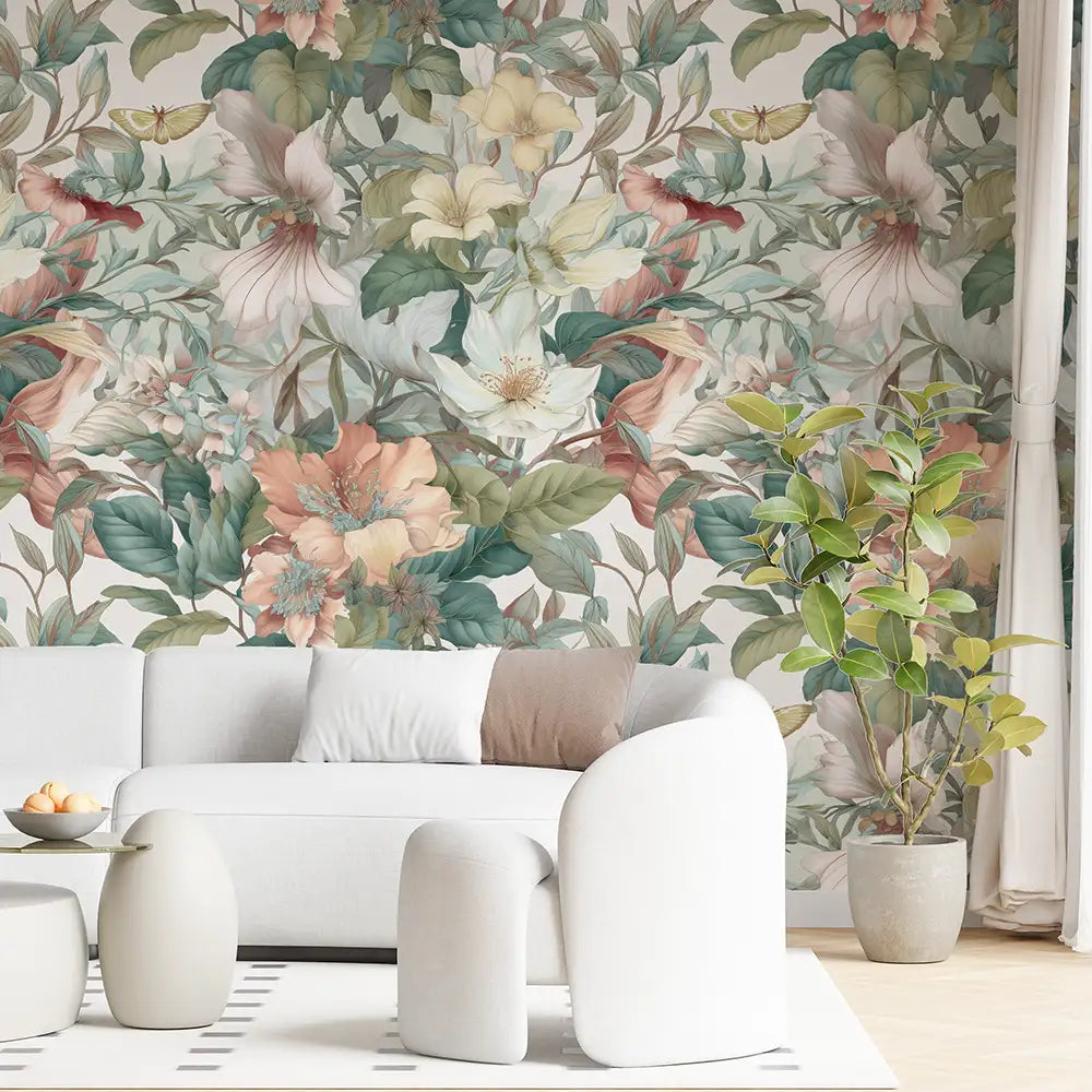 Soft garden removable wallpaper in living room, elegant pale botanical accent wall view