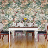Garden whisper peel-and-stick wallpaper sample showing pastel sage and floral scale