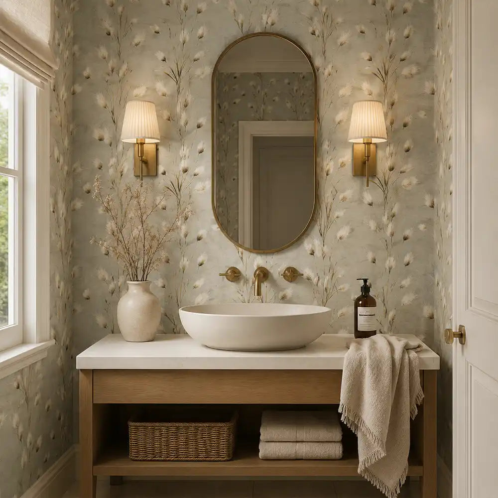 Fresh bathroom wall featuring soft meadow grass wallpaper for a calm natural look