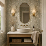 Fresh bathroom wall featuring soft meadow grass wallpaper for a calm natural look