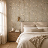Peaceful bedroom featuring soft meadow grass wallpaper as a soothing green backdrop